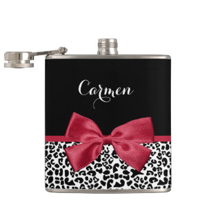 Girly Leopard Print Bright Red Ribbon With Name Hip Flask
