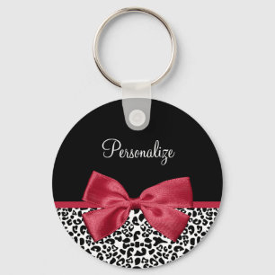 Girly Leopard Print Bright Red Ribbon With Name Keychain