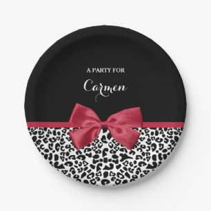 Girly Leopard Print Bright Red Ribbon With Name Paper Plate