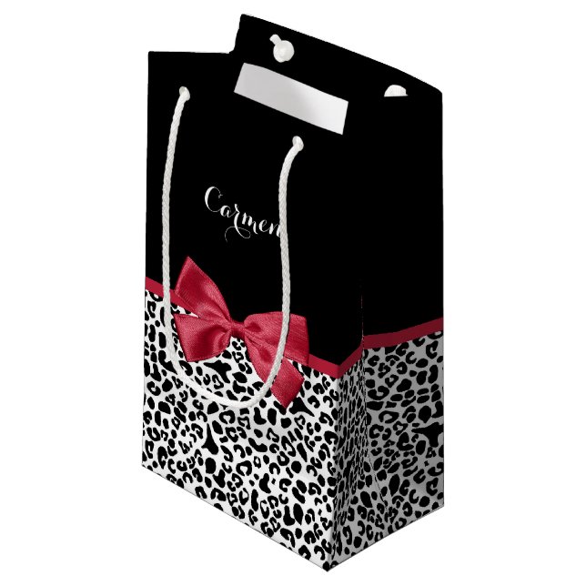 Girly Leopard Print Bright Red Ribbon With Name Small Gift Bag (Front Angled)