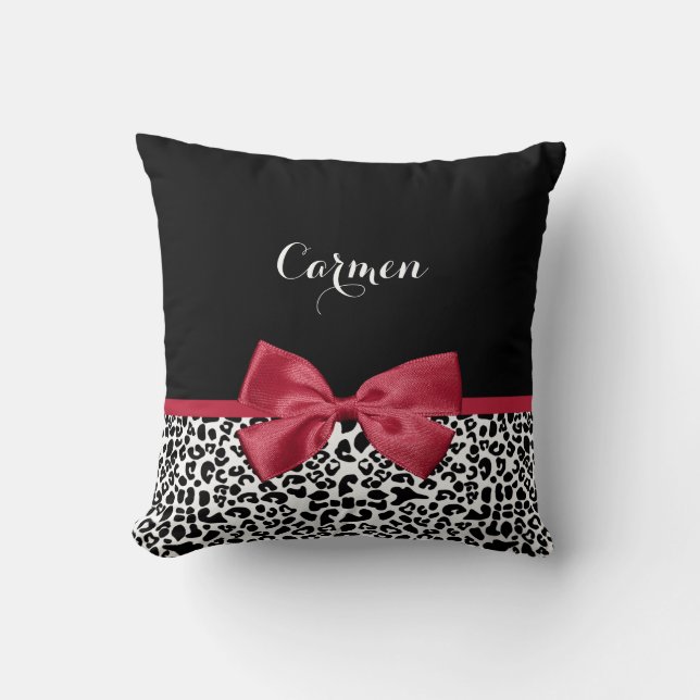 Girly Leopard Print Bright Red Ribbon With Name Throw Pillow (Front)