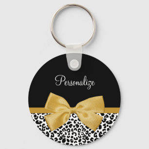 Girly Leopard Print Chic Gold Bow With Name Keychain