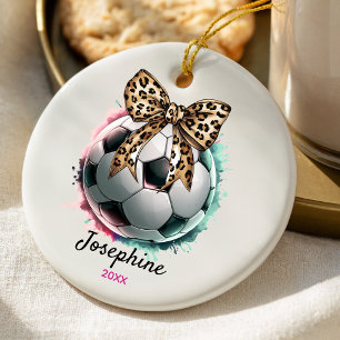 Girly Leopard Print Coquette Soccer Ball Ceramic Ornament