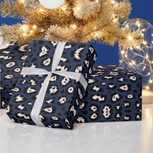 Girly leopard print pattern blush pink navy blue wrapping paper