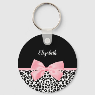 Girly Leopard Print Pattern With Pink Bow and Name Keychain