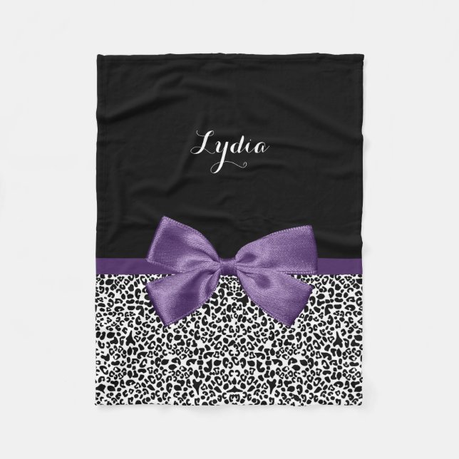 Girly Leopard Print Pretty Purple Ribbon With Name Fleece Blanket (Front)