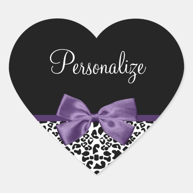 Girly Leopard Print Pretty Purple Ribbon With Name Heart Sticker (Front)