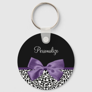 Girly Leopard Print Pretty Purple Ribbon With Name Keychain