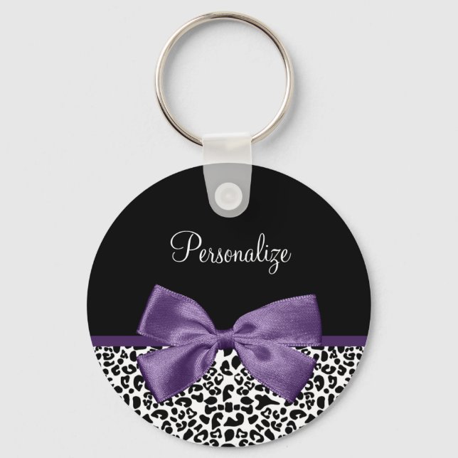 Girly Leopard Print Pretty Purple Ribbon With Name Keychain (Front)