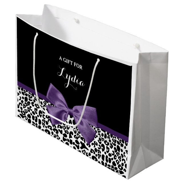 Girly Leopard Print Pretty Purple Ribbon With Name Large Gift Bag (Front Angled)