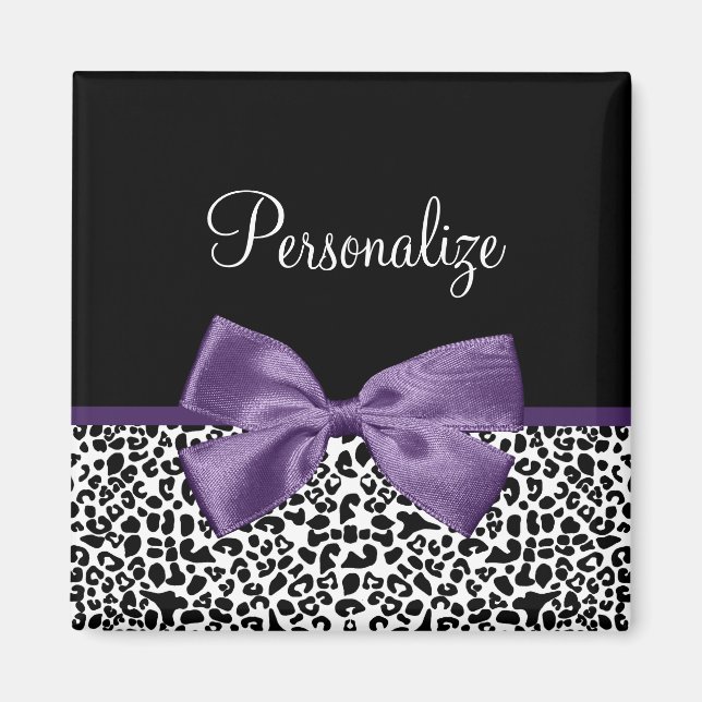 Girly Leopard Print Pretty Purple Ribbon With Name Magnet (Front)