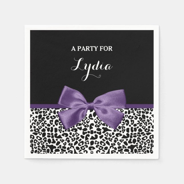 Girly Leopard Print Pretty Purple Ribbon With Name Napkin (Front)