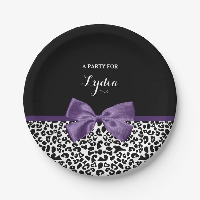 Girly Leopard Print Pretty Purple Ribbon With Name Paper Plate (Front)