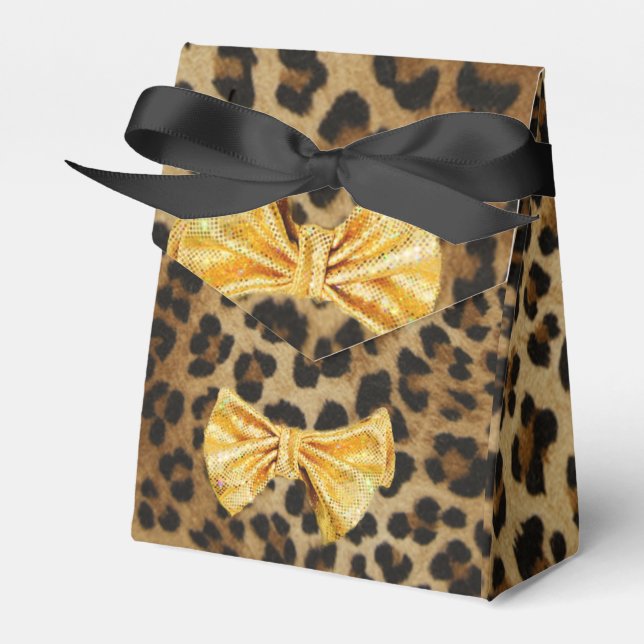 Girly Leopard Print With Bling Gold Bow Favor Box (Front Side)