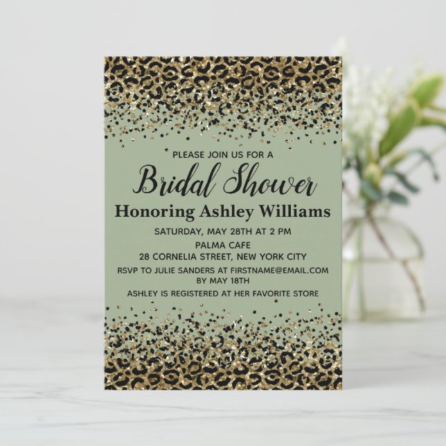 Girly Leopard Sage Green Black Gold Bridal Shower Invitation (Standing Front)