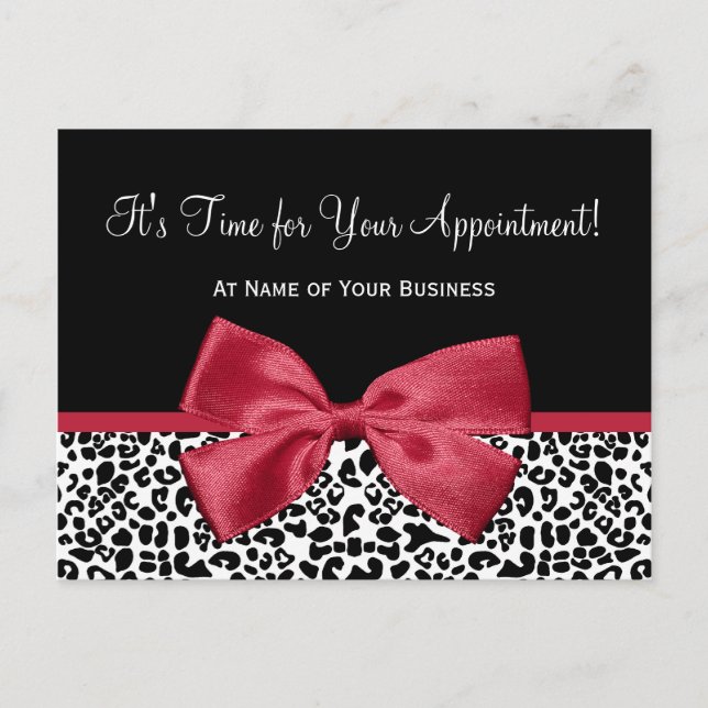 Girly Leopard Salon Appointment Reminder Red Bow Postcard (Front)