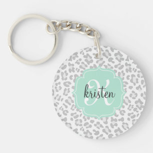 Girly Leopard Silver and Mint Green Personalized Keychain