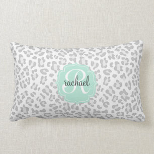 Girly Leopard Silver and Mint Green Personalized Lumbar Pillow