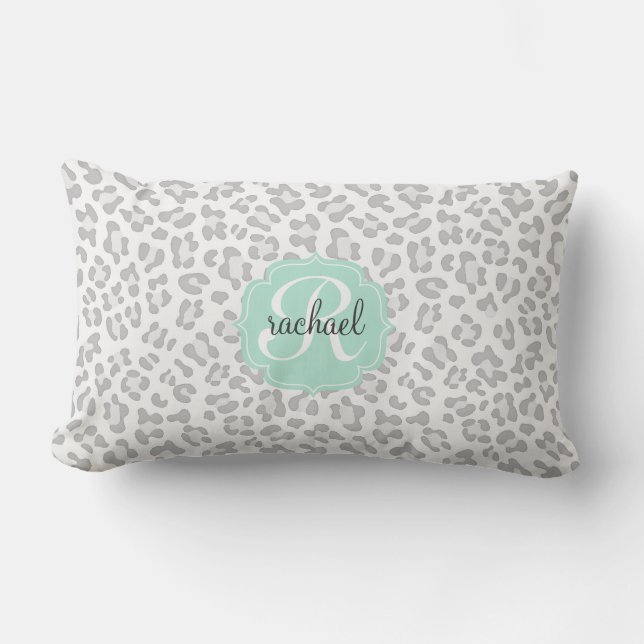 Girly Leopard Silver and Mint Green Personalized Lumbar Pillow (Front)