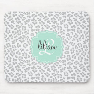 Girly Leopard Silver and Mint Green Personalized Mouse Pad