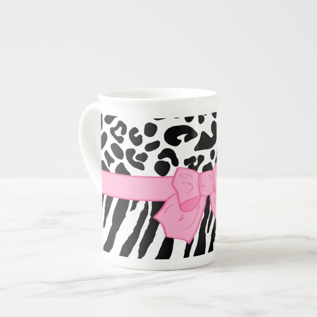 Girly Leopard Zebra Animal Print and Cute Pink Bow Bone China Mug (Front Left)