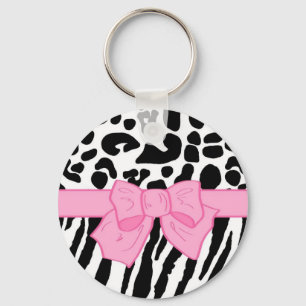 Girly Leopard Zebra Animal Print and Cute Pink Bow Keychain