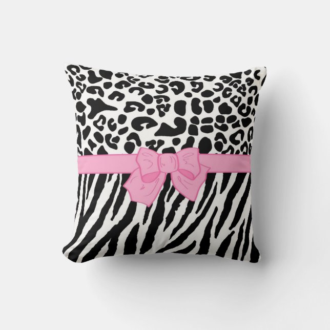 Girly Leopard Zebra Animal Print and Cute Pink Bow Throw Pillow (Front)