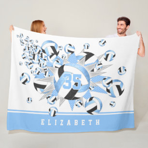 girly light blue black volleyballs and stars fleece blanket