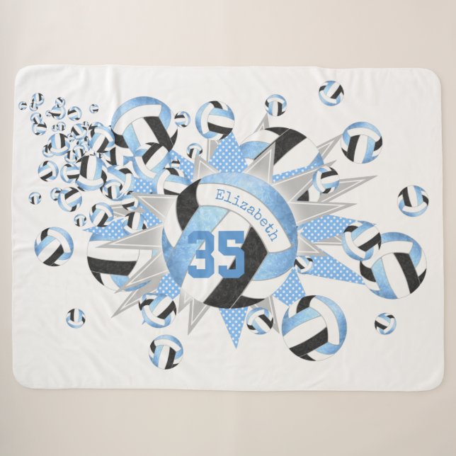 girly light blue black volleyballs and stars sherpa blanket (Front (Horizontal))