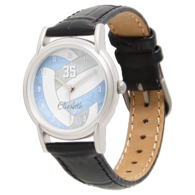 girly light blue grey personalized volleyball watch (Angled)