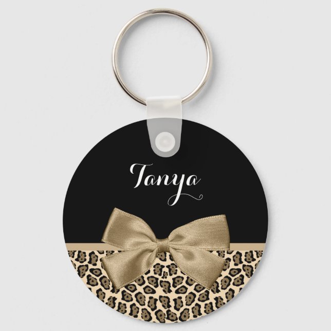 Girly Light Brown Jaguar Cute Brown Bow With Name Keychain (Front)