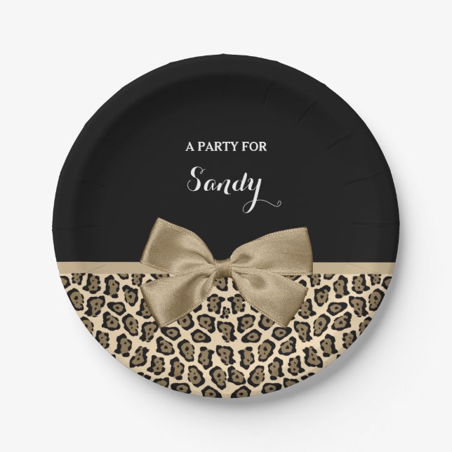 Girly Light Brown Jaguar Cute Brown Bow With Name Paper Plate (Front)