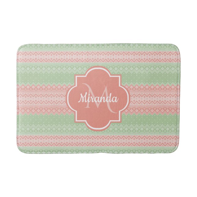 Girly Light Green Knit Coral Pink Stripes and Name Bath Mat (Front)