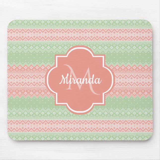 Girly Light Green Knit Coral Pink Stripes and Name Mouse Pad (Front)