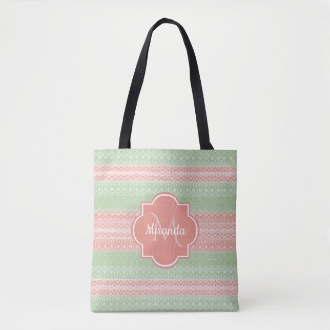 Girly Light Green Knit Coral Pink Stripes and Name Tote Bag (Front)
