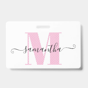 Girly Light Pink and White Polka Dot Monogram Badge