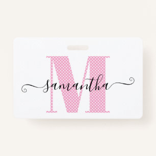 Girly Light Pink and White Polka Dot Monogram Badge