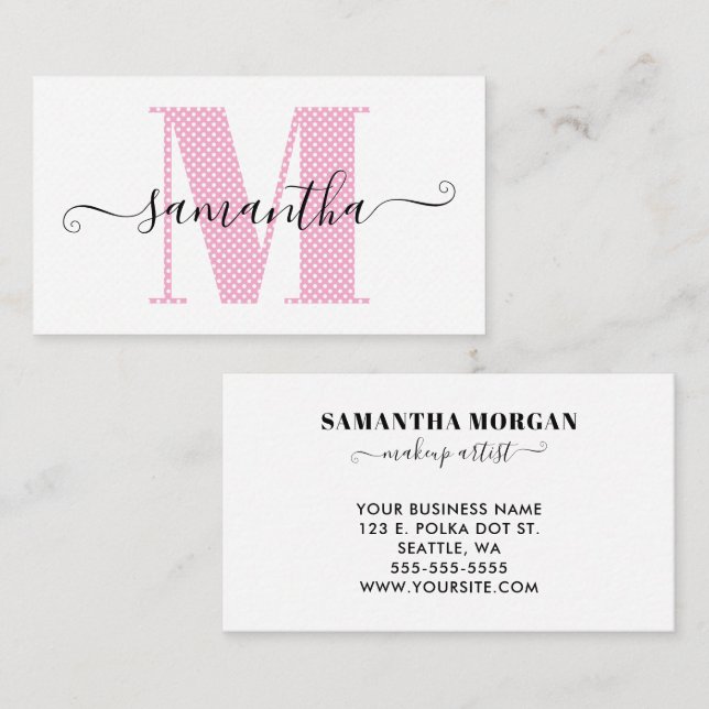 Girly Light Pink and White Polka Dot Monogram Business Card (Front/Back)