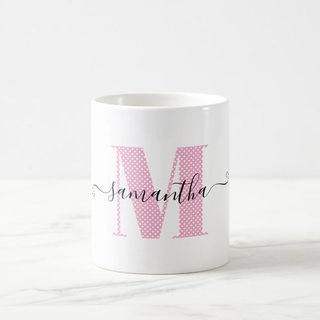 Girly Light Pink and White Polka Dot Monogram Coffee Mug (Center)