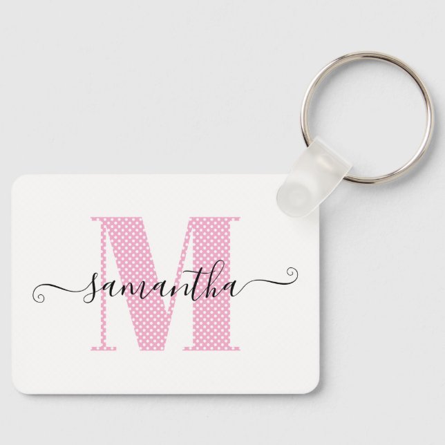 Girly Light Pink and White Polka Dot Monogram Keychain (Front)