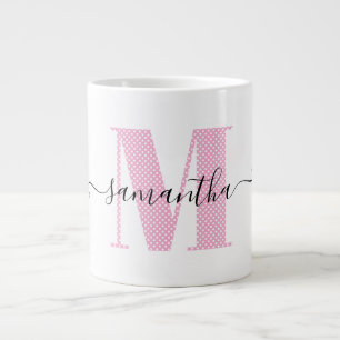 Girly Light Pink and White Polka Dot Monogram Large Coffee Mug