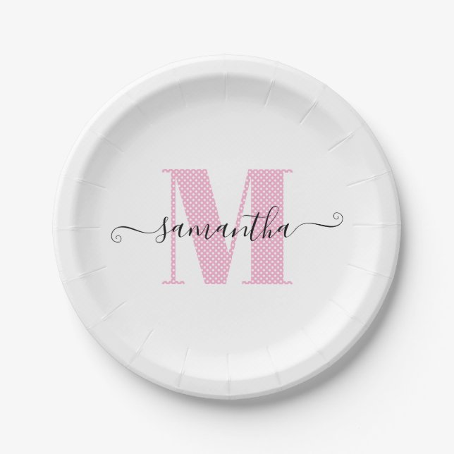 Girly Light Pink and White Polka Dot Monogram Paper Plate (Front)