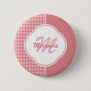 Girly Light Pink Houndstooth Monogram With Name 2 Inch Round Button