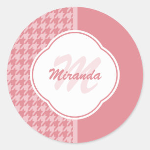 Girly Light Pink Houndstooth Monogram With Name Classic Round Sticker