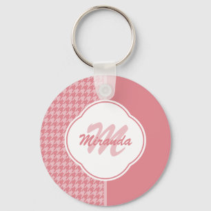 Girly Light Pink Houndstooth Monogram With Name Keychain