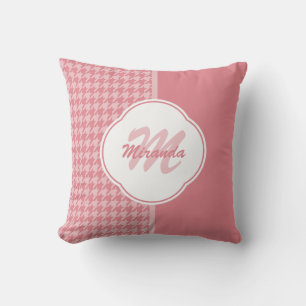 Girly Light Pink Houndstooth Monogram With Name Throw Pillow