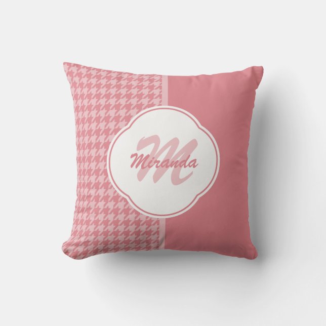 Girly Light Pink Houndstooth Monogram With Name Throw Pillow (Front)