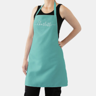 Girly light teal custom script name monogram chic apron