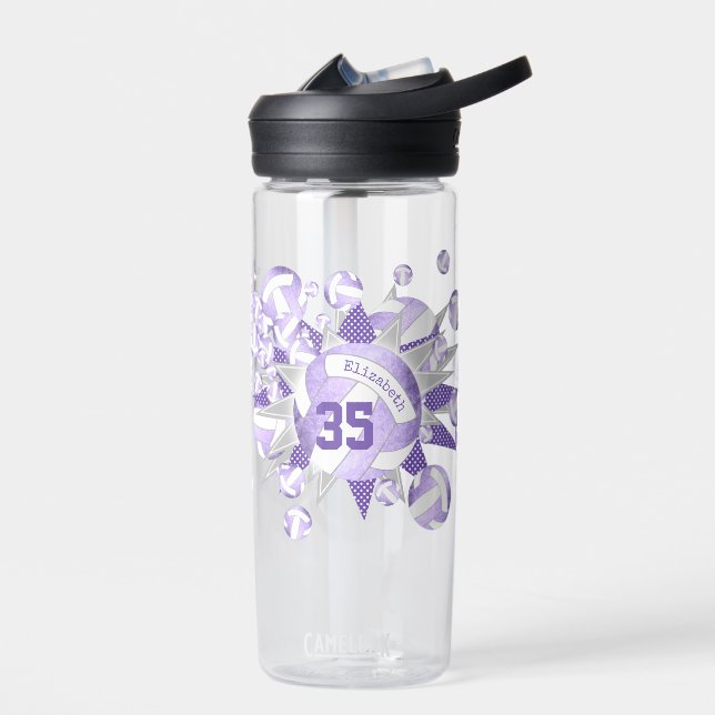 girly lilac purple white volleyballs and stars water bottle (Left)