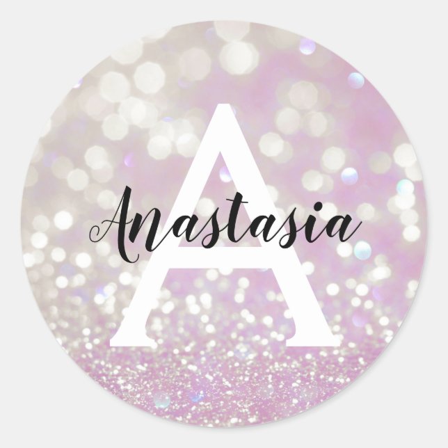 Girly Lilac Shimmer Glitter Sparkles Monogram Name Classic Round Sticker (Front)